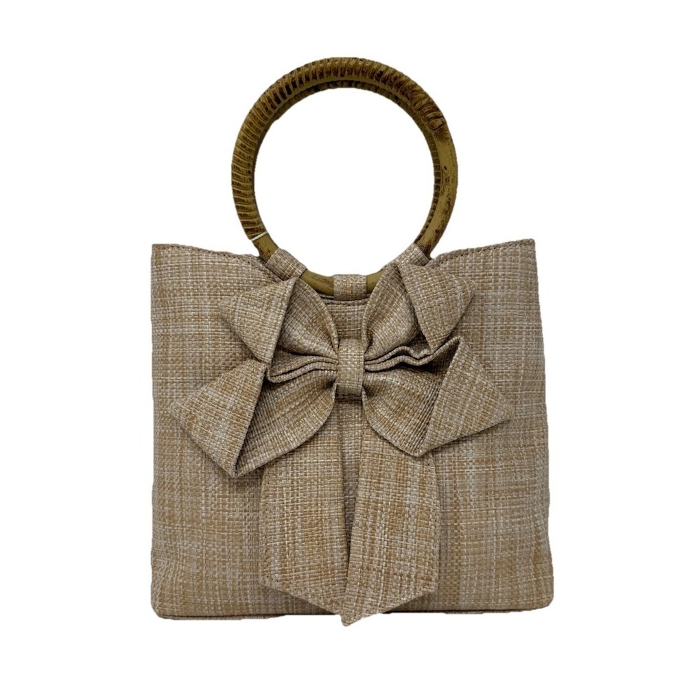 Neutral Beige Bow Straw Tote with Bamboo Ring Handles Tommy Bahama NWT Summer